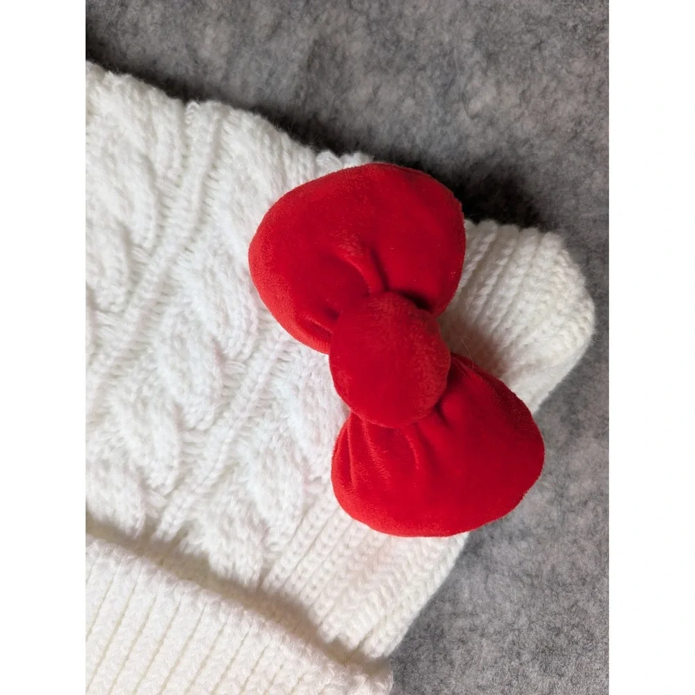 White Cable‎ Knit Cat Ear Beanie with Red Velvet Bow Hello Kitty Inspired Hat